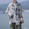 Camisa com estampa corrida para jovens homens e mulheres, verão, seda gelada, sensação refrescante, manga curta, estilo havaiano, roupa de praia/cardigã