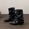 Botas vaqueras retro con hebilla plisada Botas de caballero Botas para mujer 2026 Nuevas Botines de tacón grueso Botas versátiles para mujer con caña apilada
