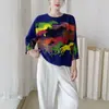 Venta directa de fábrica, nuevo top para mujer, cuello redondo, mangas murciélago estampadas, corte holgado, talla grande, adelgazante y favorecedor, es una camiseta Miyake