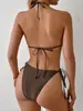 Bikini de color liso con cuentas estilo europeo y americano, con cuello halter y tiras de atar, con un diseño sexy fruncido, perfecto para la playa o la piscina