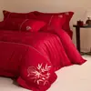 Conjunto de cama de casamento de luxo em jacquard de quatro peças, lençol e capa de edredom vermelhos, roupa de cama para novo casal, presente de noiva, roupa de cama para jovem casal