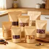 Sacos de papel kraft com janela, grau alimentício, selados em três lados, auto-selantes, para embalagem de chá e lanches, à prova de umidade e personalizáveis