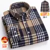 Camisa Masculina de Xadrez Tamanho Grande, Algodão Escovado, Versátil, Casual, Corte Slim, Algodão Puro, Manga Longa
