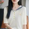 Camiseta Blanca de Manga Corta con Cuello Marino para Mujer, Nuevo Estilo Verano 2026, Elegante y Adelgazante, Top de Punto Versátil
