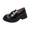 Nuevos Zapatos Mocasines de Cuero Genuino Estilo Primavera Punta Redonda Hebilla Dorada Arco del Triunfo Suela Gruesa para Mujer, Zapatos Planos de Cuero Versátiles