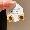 Brincos de Tarraxa Redondos Flor de Zircônia Banhados a Ouro Real 16k Estilo Coreano Retrô Versátil Brincos Joias de Orelha com Toque de Luxo Leve