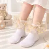 Meias de renda fofas para meninas de fronteira, meias de dança de princesa, meias infantis respiráveis, meias curtas de renda floral doce, atacado