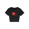 Camiseta Feminina Preta de Gola Redonda, Corte Slim, Manga Curta, Estilo Nicho Novo de Verão com Estampa de Maçã, Top Curto Versátil