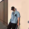 Camisa Azul de Manga Corta para Hombre, Estilo Coreano de Verano 2026, Fresca y Elegante, Cuello Cubano, Estampado Original, Estilo Vacacional, Moda