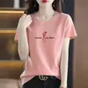 Camiseta de Algodão Puro de Alta Qualidade com Manga Curta para Mulheres Verão Novo Estilo Coreano Simples Diário Acessível Luxo Camiseta Gola Redonda Top Estampado
