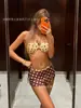 Estilo Ins Cor blocada coreana bolinhas desejo puro maiô de amarrar no pescoço com fenda feminino biquíni sem alças conjunto de três peças maiô com saia