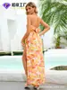 Vestido Largo Tie-Dye Sexy de Venta Caliente Transfronterizo Personalizado con Escote Halter, Espalda Descubierta con Cordones y Diseño de Abertura, Vestido Largo Romántico para Vacaciones