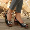 Nuevas Sandalias de Tacón Grueso con Hebilla Metálica Grande y Diseño Boca de Pez para Mujer, Zapatos de Moda Versátiles de Charol con Tacón Alto para Venta Transfronteriza en Wish