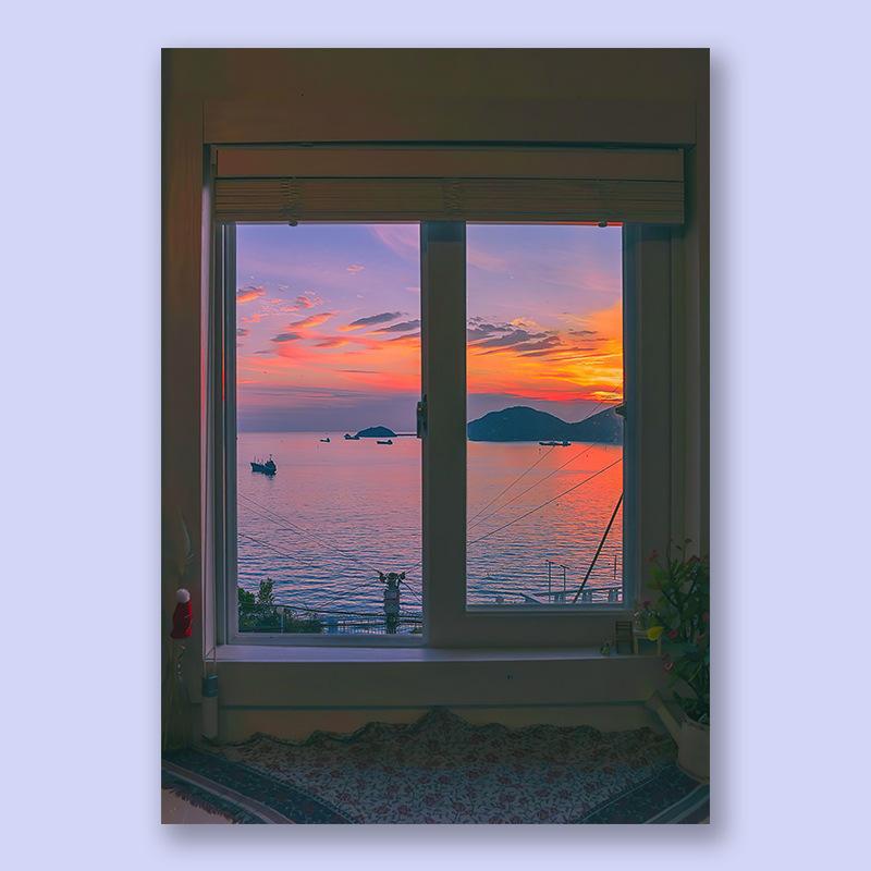 超好看！温馨紫色海景晚霞A款大海文艺墙面桌面装饰画油画布6送
