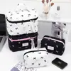 Bolsa de Maquillaje Acolchada Negra de Lunares Transfronteriza con Lazo, Gran Capacidad, Tacto de Alta Gama, Bolsa de Almacenamiento de Artículos de Tocador para Mujer
