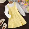 Vestido infantil para exportação, novo estilo primavera e outono 2026, moda coreana, vestido princesa duas peças com retalhos e mangas compridas para crianças maiores
