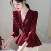 Estilo Francés Hermoso Top Pequeño Mujer 2025 Primavera Sensación Super Lindo Cintura Ajustada Rojo Vino Camisa con Volantes