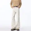 Estilo de moda nuevo para verano y primavera: Pantalones casuales estilo Ins americano con bolsillos grandes, blancos, de pierna recta, cintura elástica y tela ligera