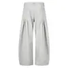 Pantalones largos casuales de pierna ancha en color gris de moda con doble bolsillo de parche en la cintura trasera, diseño plisado, corte holgado, caída fluida, pants unisex largos hasta el suelo