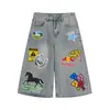Shorts de Mezclilla con Estampado de Letras, Elementos del Año del Caballo de Caricatura Estilo Japonés para Hombres, Pantalones Cortos Casuales de Moda Nuevos de Verano para Mujeres, Modernos