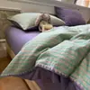 Conjunto de tres piezas estilo blogger con bloques de color para dormitorio estudiantil, conjunto de cuatro piezas de gasa fruncida a rayas de algodón puro, sábana de algodón lavado