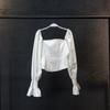 [En Stock] Blusa de Verano de Manga Larga Estilo Francés con Cuello Cuadrado para Mujer, Camisa de Diseño Vintage Ajustada de Manga Abullonada Corta