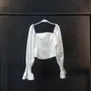 [Estoque Pronto] Tops de Verão Quadrados com Mangas Longas Bufantes para Mulheres, Camisas Curtas Slim Fit com Design Retrô