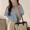Camisa Azul Suave Francesa para Mujer en Verano, Cuello Cuadrado Pequeño, Mangas Acampanadas Plisadas Elásticas, Ancha