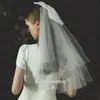 Velo de Viaje Corto de Doble Capa con Lazo Grande de Satén para Novia Liyuan, Color Rojo Cibernético