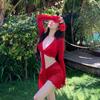 Traje de baño de encaje rojo chino de cuatro piezas, adelgazante, sexy, de verano, para mujer, aguas termales, playa, hada, fruncido de encaje