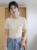 Camiseta de Punto Azul con Cuello Redondo y Mangas Cortas para Mujer, Nuevo Estilo Coreano de Verano, Suéter Dulce y Salado con Giro y Bordado de Caballito