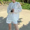 Conjunto único y hermoso de camiseta de manga larga estilo coreano para mujer, conjunto de dos piezas de top y shorts casuales de verano holgados con protección solar