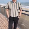 Camisa Polo Masculina de Manga Curta com Listras Contrastantes e Zíper Meio Aberto - Tendência de Verão, Leve, Madura, Estilo Yuppie, Slim, Com Gola