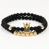 Pulseira de Contas de Cobre Preto Fosco Exagerado Europeu e Americano 6mm Conjunto de Pulseiras com Coroa Cravejada de Zircônia Micro Atacado
