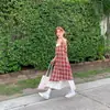 Vestido Falda Lencera a Cuadros con Puntadas de Encaje para Mujer Verano 2024 Nuevo Fresco Holgado Adelgazante Falda Falsa de Dos Piezas