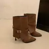 Botas Curtas Femininas Bico Fino Fivela Outono 2026 Novo Estilo Salto Grosso Emagrecimento Temperamento Moda Botas Salto Médio Bico Redondo Botas Femininas