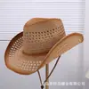 Sombrero vaquero de paja tejida con diseño calado estilo retro americano para hombre y mujer, sombrero vaquero versátil para protección solar de verano
