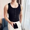 Chaleco de Punto Decorativo con Botones de Canalé de Lujo Ligero para Hombre, Ajustado, Elástico, Base, Sin Mangas, Sexy, Fitness, Cuello U, Camiseta