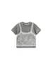 Roupa Infantil Youbao Blusa Infantil com Patchwork de Renda Falso Duas Peças Manga Curta Verão Novo Estilo Doce Fresco Camiseta para Crianças Grandes