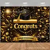 Banner de telón de fondo para fiesta de graduación transfronteriza, telón de fondo negro y dorado "Felicitaciones por la Graduación", fondo de decoración para ceremonia de graduación