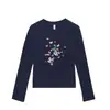 Blusa azul escuro de gola redonda com ombros caídos e mangas compridas para mulheres, novo estilo primavera e outono, estampa de borboleta, casual, versátil, corte justo, camisa de base
