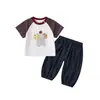 Conjunto de Camiseta de Color Bloque de Dibujos Animados Delgado de Verano para Bebés y Niños Pequeños, Elegante Conjunto de Dos Piezas de Camiseta Corta a Rayas Estilo Coreano y Pantalones Jogger