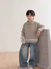 Cardigã de malha infantil Aimobebe, coleção de outono, suéter jacquard listrado com gola de lapela, peça externa estilosa para meninos e meninas