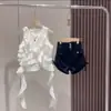 Nuevo Conjunto de Verano para Niñas 2026, Top tipo Chaleco de Moda para Niños Mayores, Conjunto de Dos Piezas Versátil con Pantalones Cortos de Cordón para Niños