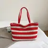 Bolsa de Mão Listrada Simples Nova Primavera Grande Capacidade Bolsa de Ombro Bolsa Tote Fashionável Bolsa de Praia Vazada para Mulheres