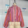 Chaqueta Bomber Larga de Manga Larga a Rayas con Cuello Alto Suelta Europea y Americana