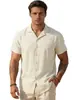 Nova camisa de algodão e linho transfronteiriça para a Amazon, estilo europeu e americano de verão, corte solto casual, blusa masculina de manga curta de abotoamento simples