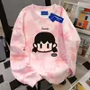 Moletom Redondo com Estampa de Personagem Preguiçoso Estilo Americano 2025 para Mulheres, Top Tie-Dye Rosa Criativo de Nicho para Outono e Inverno