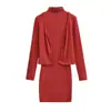 Conjunto de Vestido de Dos Piezas Estilo Puro Deseo: Cárdigan Corto de Punto de Manga Larga con Cuello en V de un Solo Botón, Cuello Semi-Alto, Sin Mangas, Ajustado, Falda Corta Bodycon