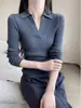Hongmi Apparel/Suéter de malha cinza de alta qualidade com gola polo para mulheres, novo estilo slim-fit e versátil outono de 2026